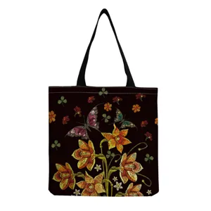 Detailansicht der schwarzen Baumwolltasche mit exquisitem Schmetterlings- und Blumenstickdesign.