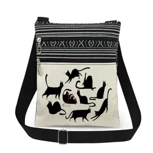 Detailed view of the black cat printed crossbody bag with adjustable strap and dual zippers.
