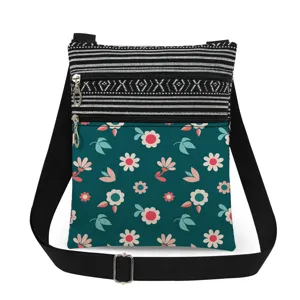 Floral print crossbody bag with double zippers, adjustable strap and messenger style.