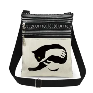 Casual Polyester Crossbody Messenger Bag With Adjustable Strap Lightweight Double Zipper Black Cat Printed Striped Shoulder Bag For Commuter Daily