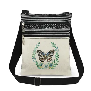 Vista detallada del bolso cruzado ligero con doble cremallera y estampado de mariposa.