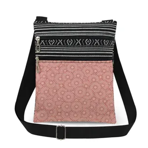 Casual crossbody bag with black white stripes and pink floral print for daily use.