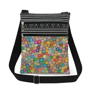 Details of the lightweight crossbody bag featuring colorful floral print and double zippers.