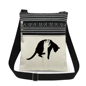 Canvas crossbody messenger bag with black cat print, double zipper, adjustable strap.