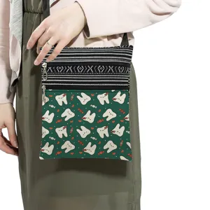 Lightweight crossbody bag with cute cartoon teeth pattern, double zippers, adjustable strap.