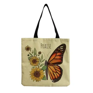 Baumwolle Leinen Tragetasche mit Sonnenblume und Schmetterling Druck, Handtasche.