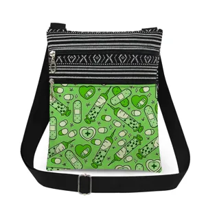 Close-up detail of the green medical print crossbody bag with black adjustable strap and dual zippers.