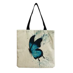 Stofftasche aus Baumwolle und Leinen mit blauem Aquarell Schmetterling Aufdruck für Alltag.