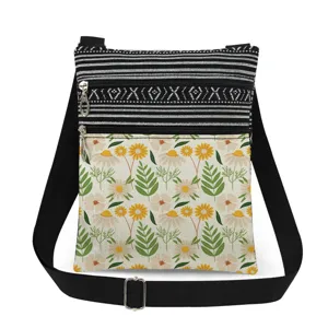 Close-up detail of the canvas crossbody bag featuring floral print pocket and black strap.
