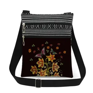 Vista detallada del bolso cruzado con doble cremallera y bordado de mariposas y flores.