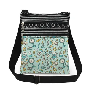Casual double zipper medical print crossbody bag with adjustable strap for daily travel use.