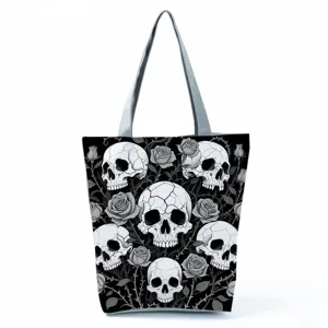 Gotische Schedel Rose Druck Große Kapazität Tote Bag Für Damen Polyester Umhängetasche Punk Streetwear Reißverschluss Handtasche