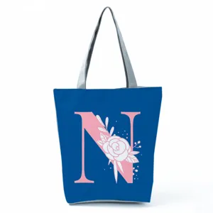 Detailed view of blue tote bag featuring pink letter N floral print and secure zipper.