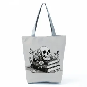 Gotische Totenkopf Leinwand Tragetasche, dunkle Kunst Schulter Handtasche mit Büchern und Rosen.