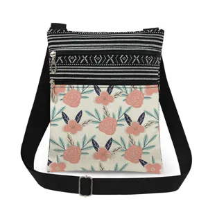 Floral print canvas crossbody bag detail, casual messenger bag with adjustable shoulder strap.