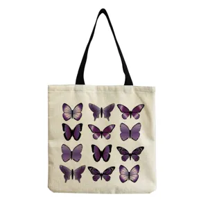 Leinen Stofftasche Shopper mit violetten Schmetterlingen wiederverwendbare Handtasche