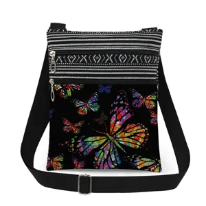 Bolso cruzado con estampado de mariposa colorido y rayas blancas negras con correa ajustable.