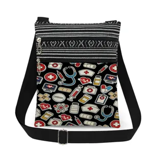 Black and white striped medical print crossbody bag with double zippers and adjustable strap.