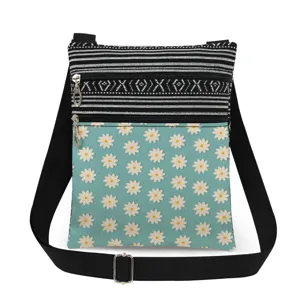 Canvas crossbody bag detail showing double zippers, black white stripes, and daisy print pattern.