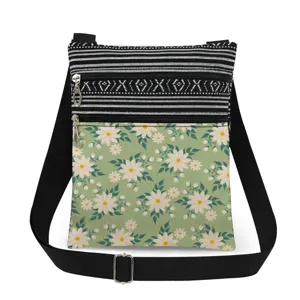 Canvas crossbody bag with floral print, double zip messenger bag with adjustable strap.