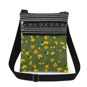 Detail shot of the crossbody messenger bag featuring double zippers and floral print.