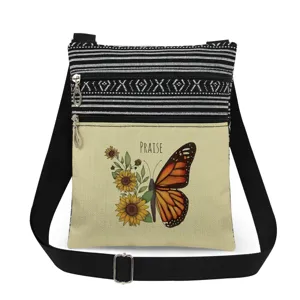Bolso cruzado con doble cremallera con estampado de mariposa girasol y correa ajustable.