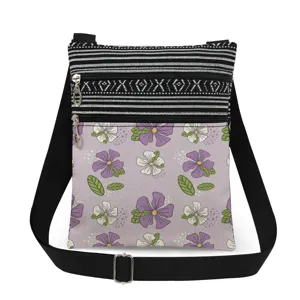 Small floral crossbody bag with dual zippers and adjustable strap for daily use.
