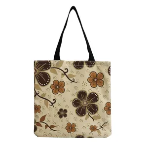 Braune Blumen Canvas Tragetasche Detailansicht, Retro Blutenmuster Freizeit Schultertasche.
