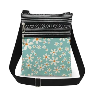 Close-up detail of the stylish floral crossbody bag featuring dual zippers and adjustable strap.