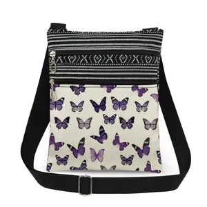 Vista detallada de la bolsa cruzada con cremallera doble y estampado de mariposas.