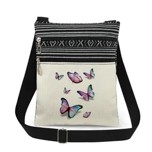 Bolso bandolera de lona elegante con cremalleras dobles y un hermoso estampado de mariposas.