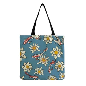 Leinwand Tragetasche mit blauem Koi Fisch und Seerose Druck, modische grosse Schultertasche.
