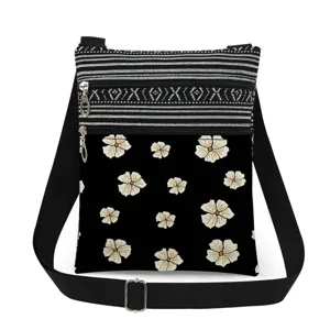 Detailed view of lightweight crossbody messenger bag with double zippers, floral print and strap.