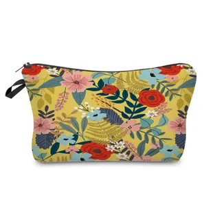 Colorful floral print makeup pouch, yellow cosmetic bag with zipper for travel daily use.