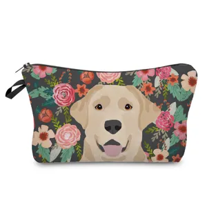 Cute dog floral print cosmetic bag, portable makeup pouch with zipper for travel use storage.
