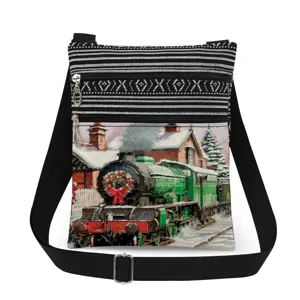 Christmas vintage steam train print canvas crossbody bag with adjustable strap and dual zips.