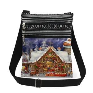 Christmas print crossbody bag detail showcasing double zippers and adjustable strap features.