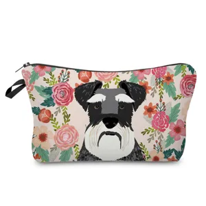Portable Polyester Cosmetic Bag Floral Dog Cat Print Toiletry Bag Travel Wash Bag Zipper Makeup Bag For Daily Storage Unisex
