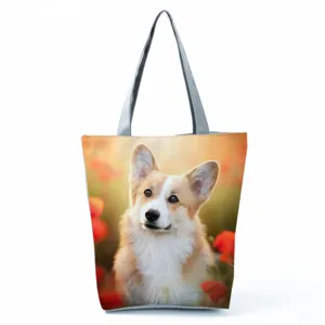 Borsa shopper in tela con stampa di cane Corgi carino, grande capacità borsa casual.