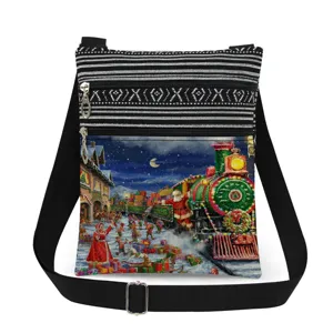 Christmas Holiday Crossbody Bag Vintage Santa Train Print Shoulder Bag Adjustable Strap Purse