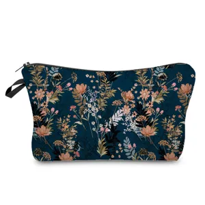 Floral print cosmetic pouch detail view, vintage botanical makeup bag for travel storage.