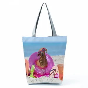 Borsa shopper in tela con stampa di bassotto carino, grande borsa casual per uso quotidiano.
