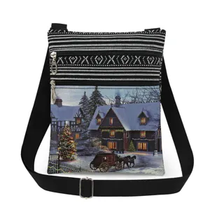 Christmas printed crossbody bag with double zipper and adjustable strap for daily wear.
