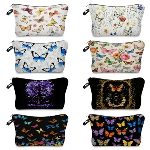 Kosmetiktasche mit Schmetterlingsdruck Tragbare Polyester Kulturbeutel Wasserdicht Waschbar Reißverschluss Reise Make up Organizer