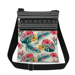 Fashion Casual Polyester Crossbody Bag Botanical Print Ultralight Messenger Bag Striped Patchwork Adjustable Strap Shoulder Bag For Everyday Travel Unisex