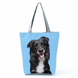 Cute black dog print canvas shoulder tote bag, large capacity casual daily travel handbag.