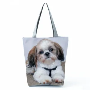 Borsa shopper in tela con stampa di cane carino borsa casual grande capacità tracolla