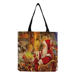 Borsa Tote in Poliestere con Stampa Natalizia Riutilizzabile Lavabile Grande Capacità Borsa a Spalla Shopping Borsa Pieghevole da Donna Festivo Casual Regalo