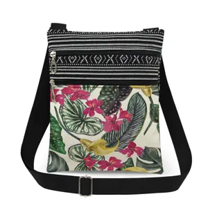 Botanical print double zipper crossbody bag with adjustable strap, casual messenger bag.