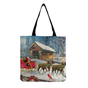 Borsa a tracolla in tela stampa natalizia vista dettagliata con scena di neve vintage e renne.